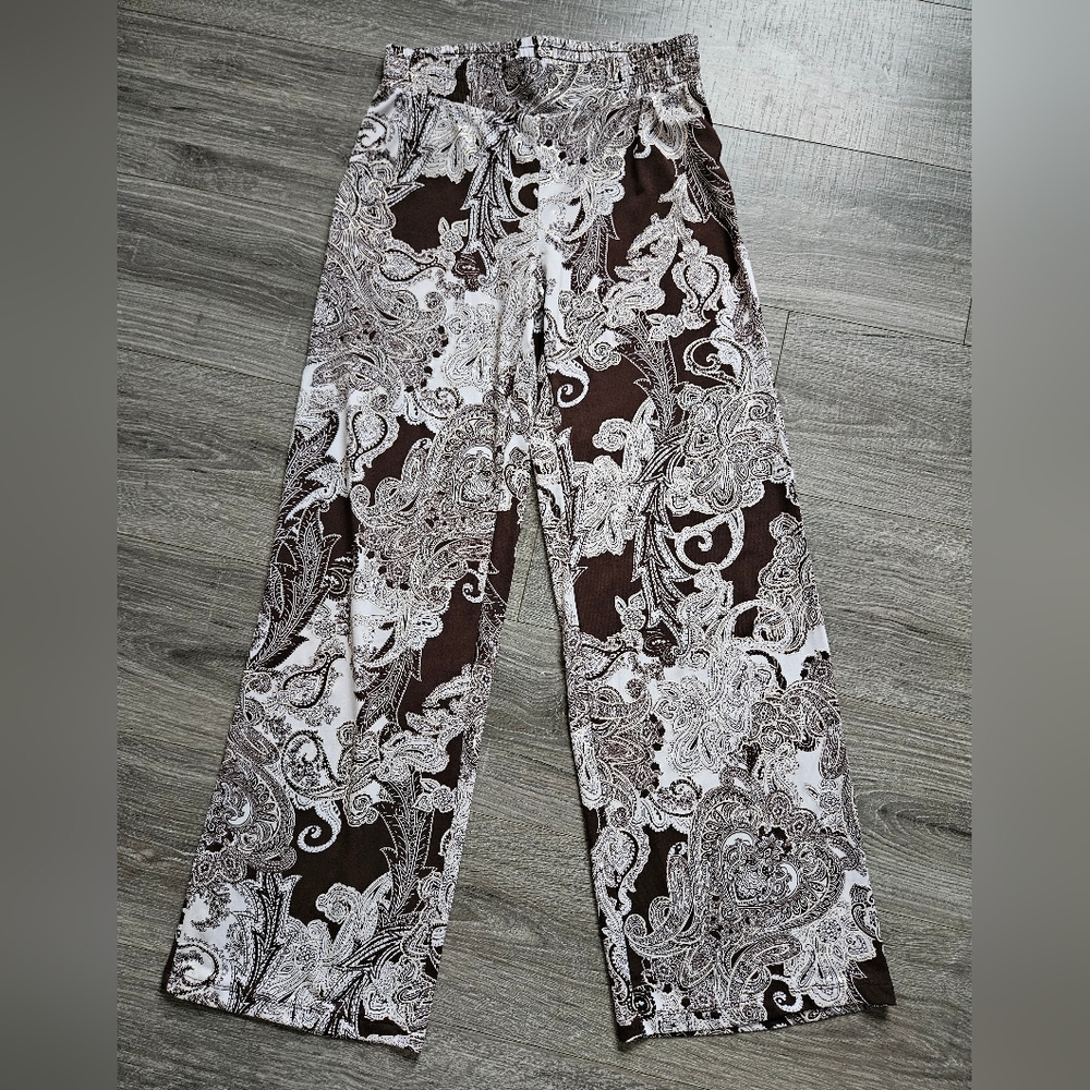 Iman Brown White & Gold Flowy Elastic Waist Paisley Print Palazzo Pants Small